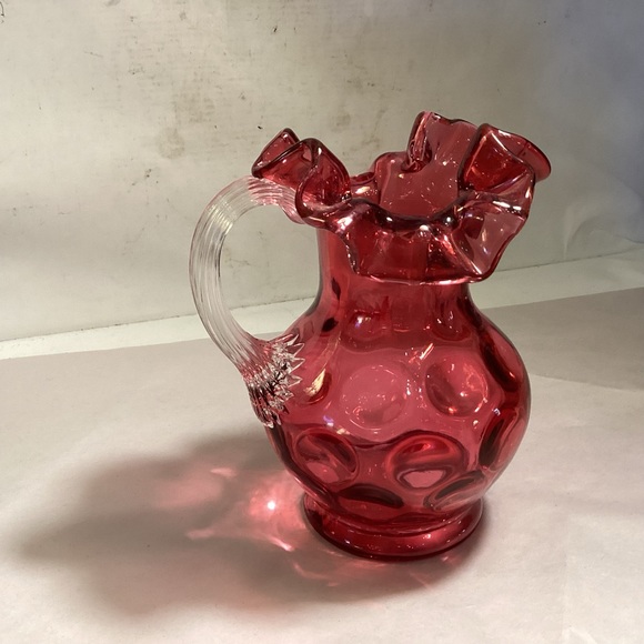 Fenton cranberry glass, pitcher with clear ribbed handle - Picture 3 of 7